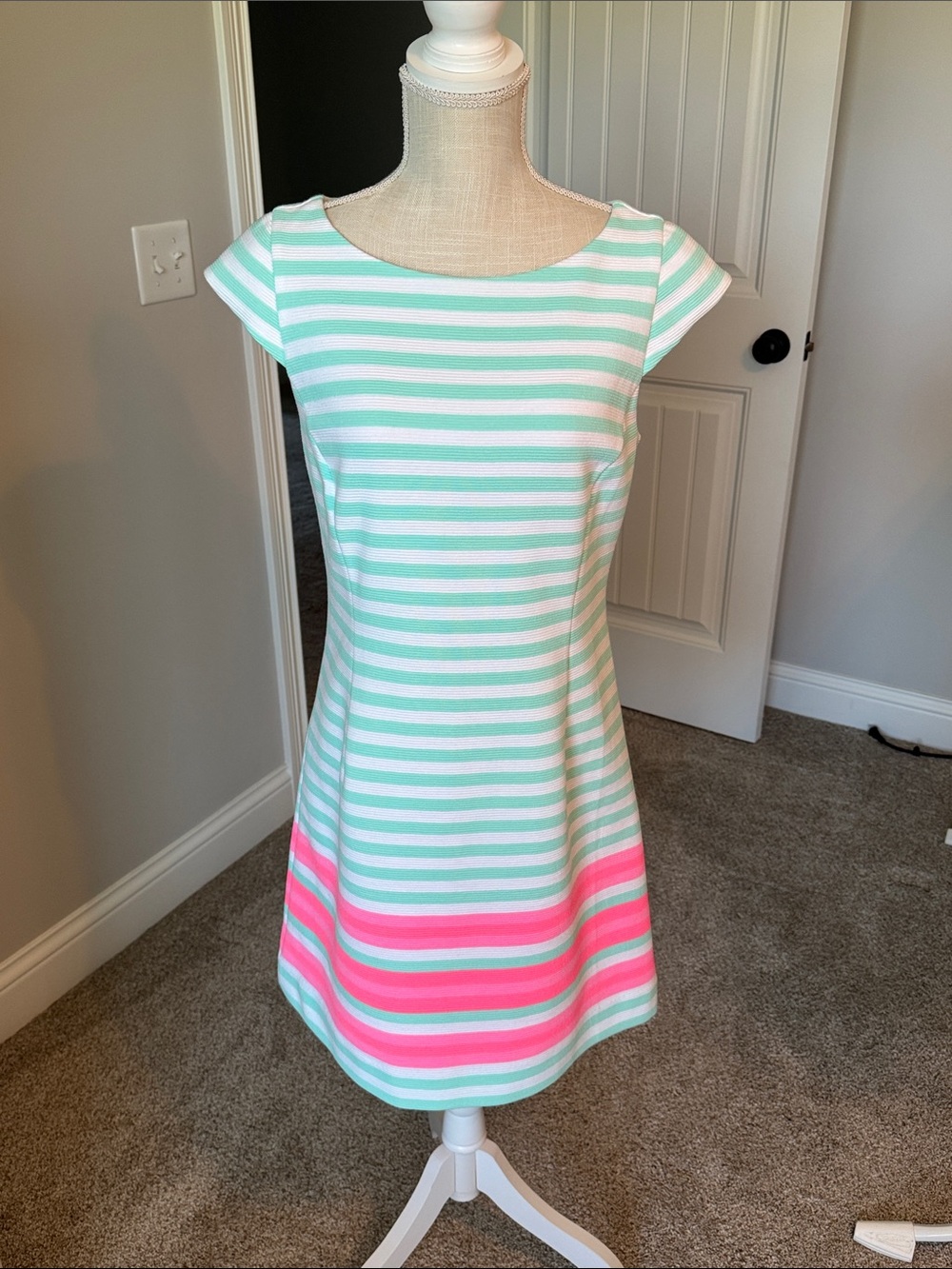 Lilly Pulitzer Mint, White & Bright Pink Striped Cap-Sleeve Shift Dress